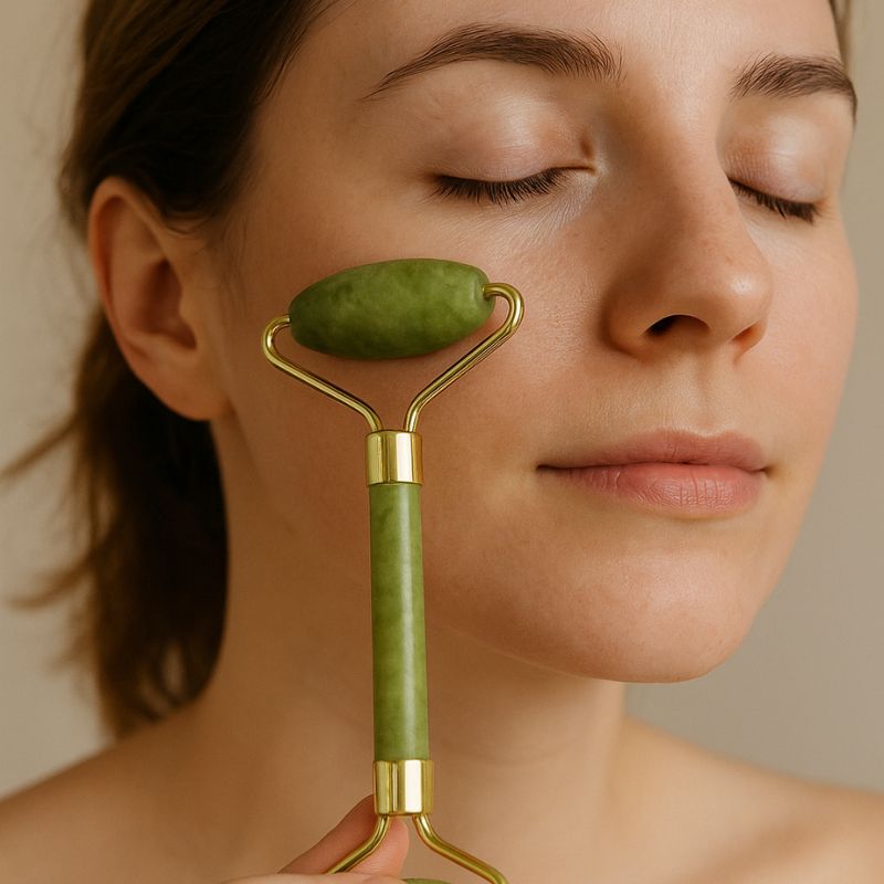Massage facial à l’aide d’un rouleau jade vert pour stimuler la peau
