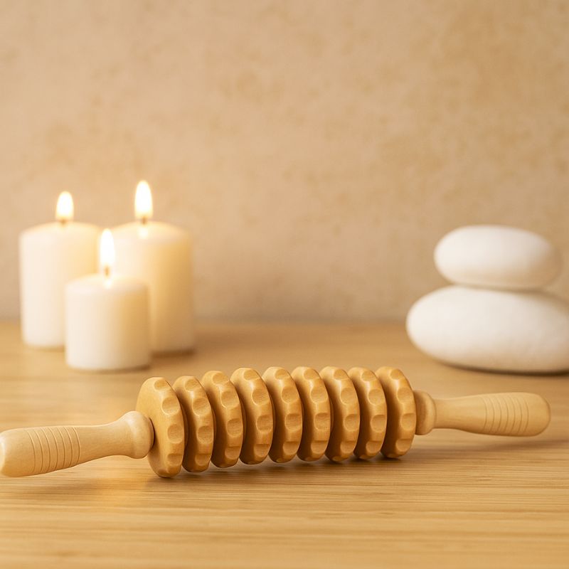Outils maderotherapie en kit – rouleau cranté posé dans une ambiance zen