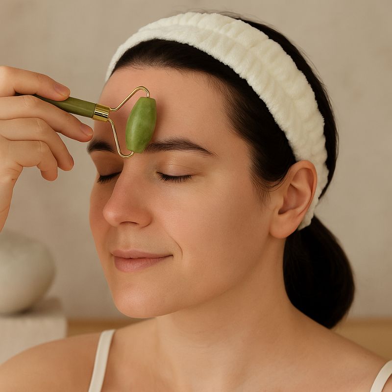 Soin du visage avec un rouleau jade vert appliqué sur le front