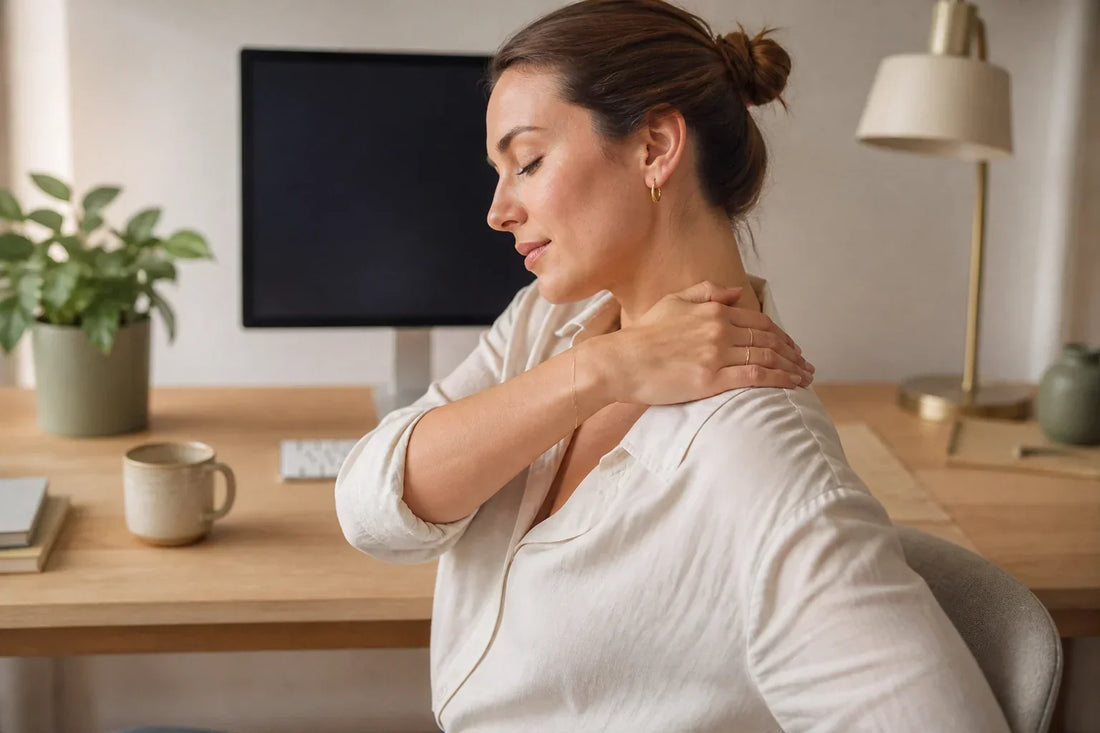 Femme réalisant un automassage doux des cervicales et du trapèze au bureau