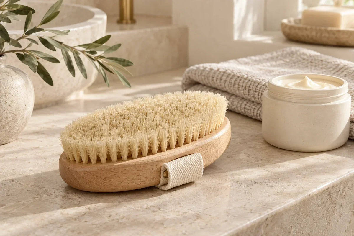 Brosse corporelle en bois pour pratiquer le brossage à sec avant la douche