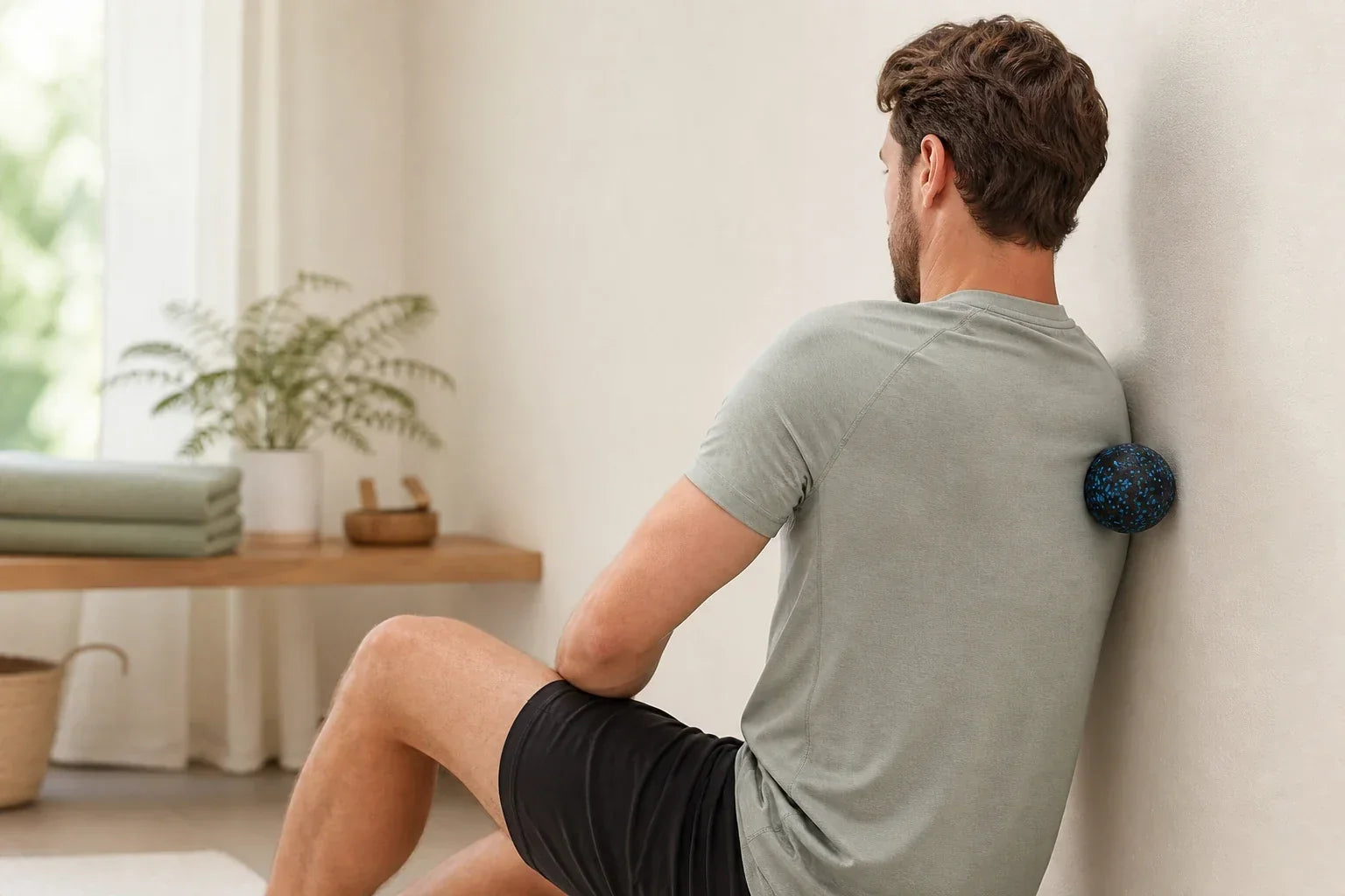 Homme réalisant un automassage du haut du dos avec une balle contre un mur