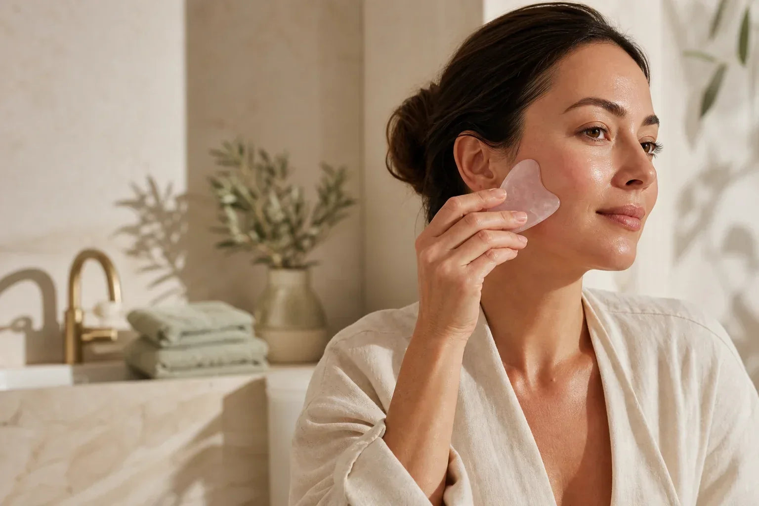 Femme utilisant un Gua Sha en quartz rose sur la joue dans une routine visage