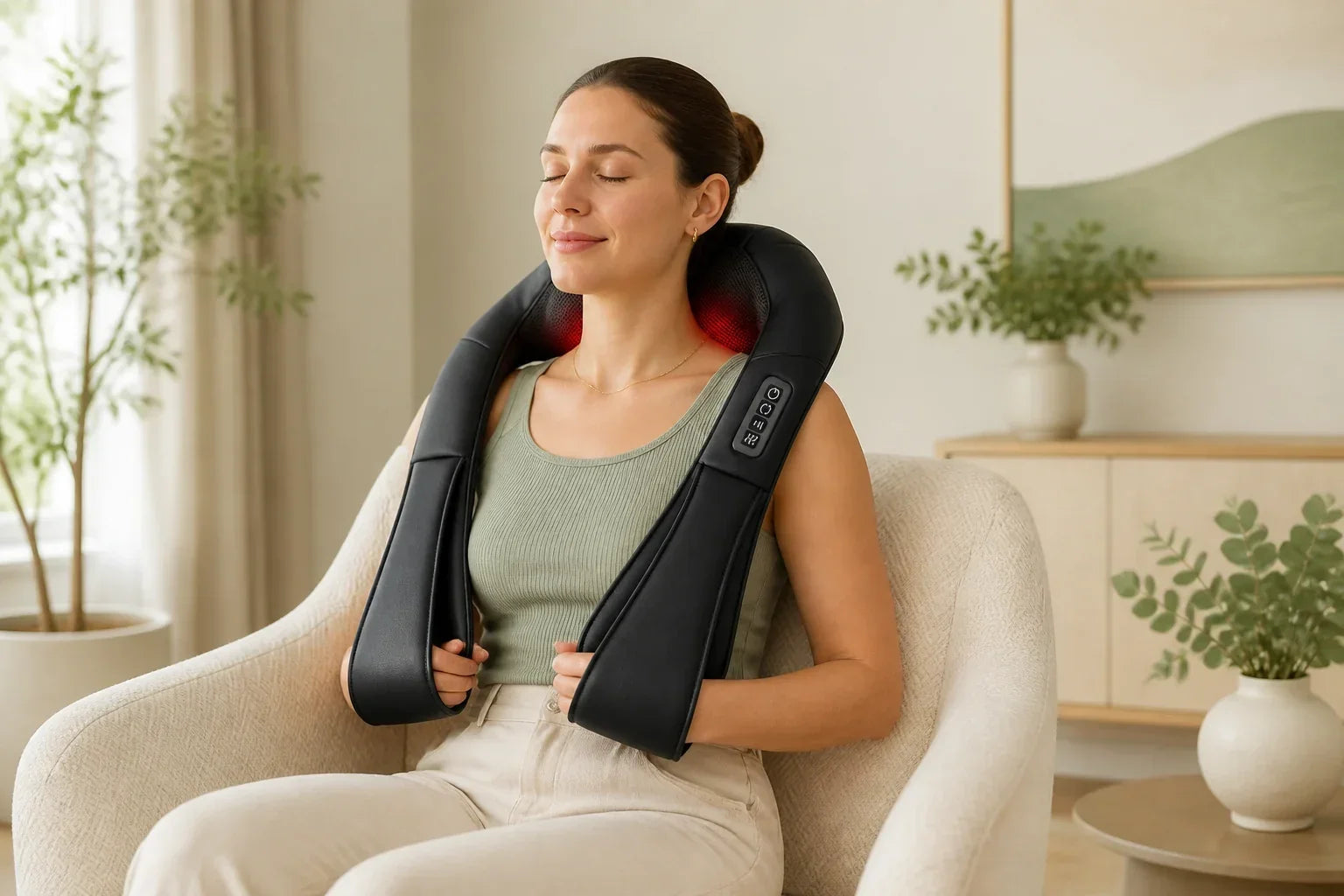 Femme utilisant un coussin massant Shiatsu sur les épaules à domicile