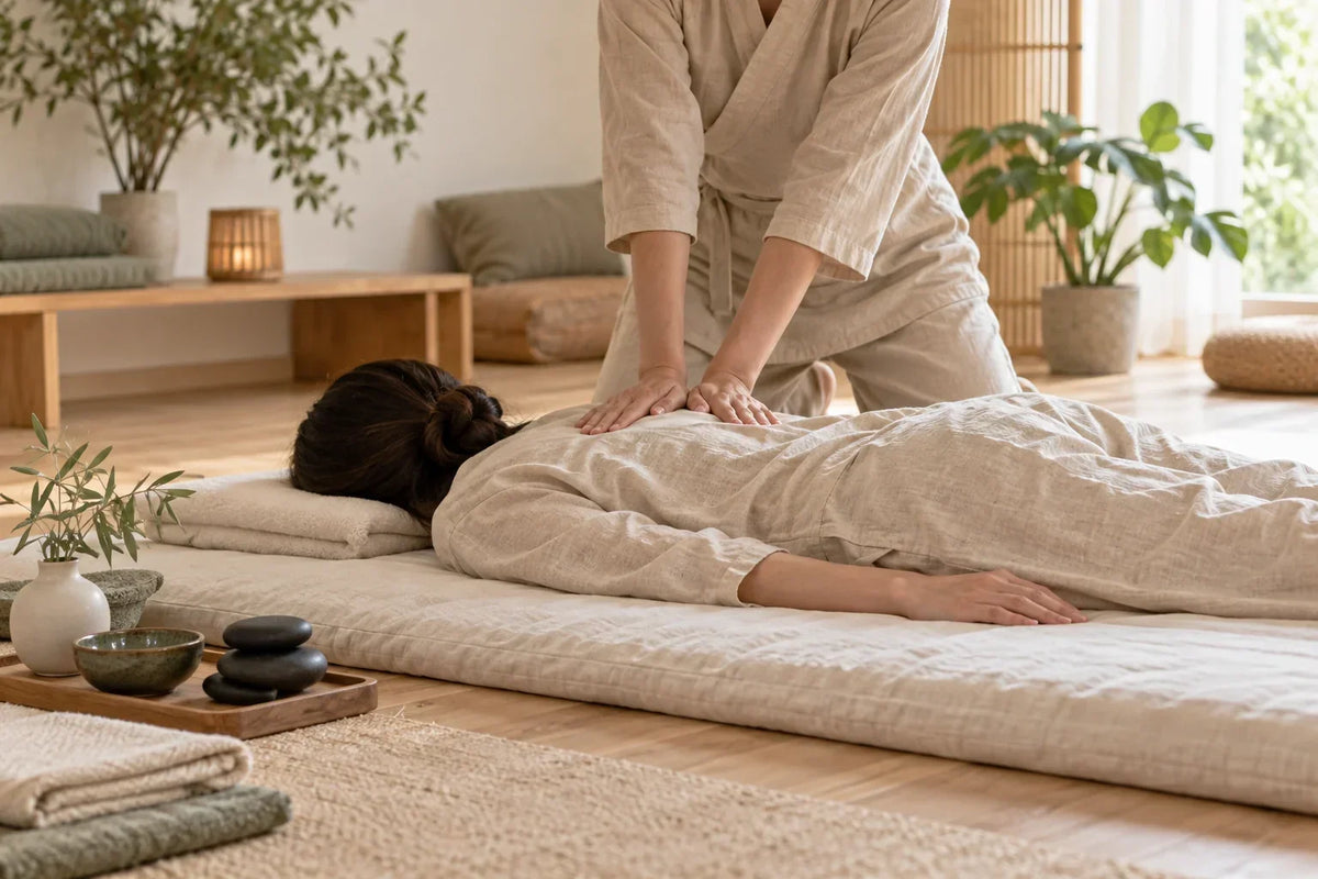 Séance de massage bien-être sur futon illustrant différentes techniques manuelles