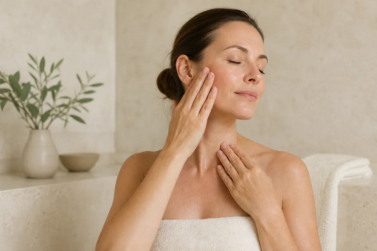 Femme réalisant un automassage lymphatique doux du visage et du cou