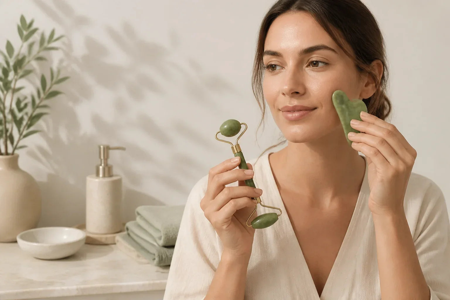 Femme comparant un Gua Sha et un rouleau de jade pour sa routine visage