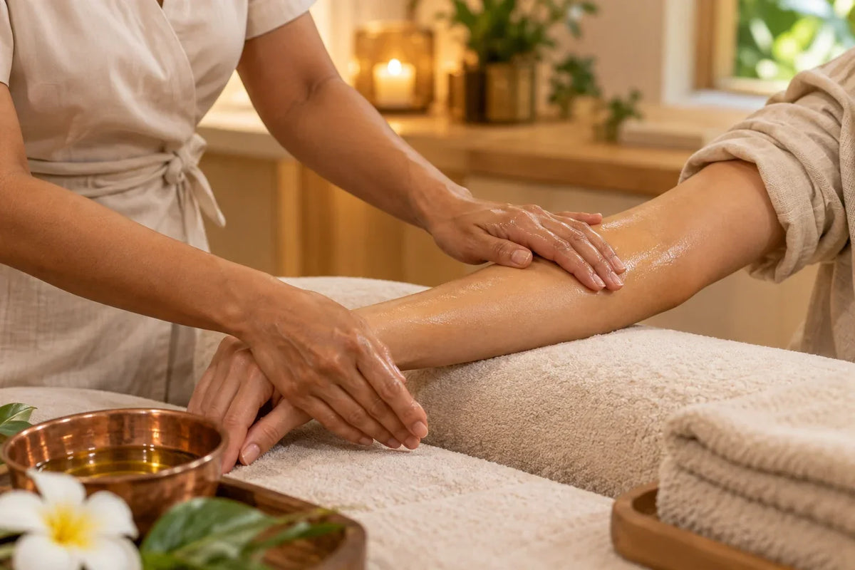 Massage ayurvédique Abhyanga à l'huile tiède sur les mains et les avant-bras