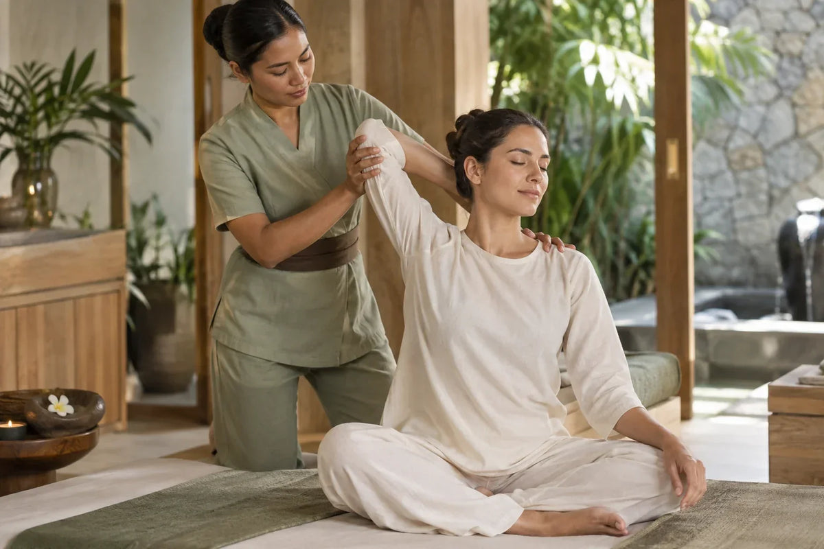 Massage balinais avec étirement doux des épaules dans un spa contemporain