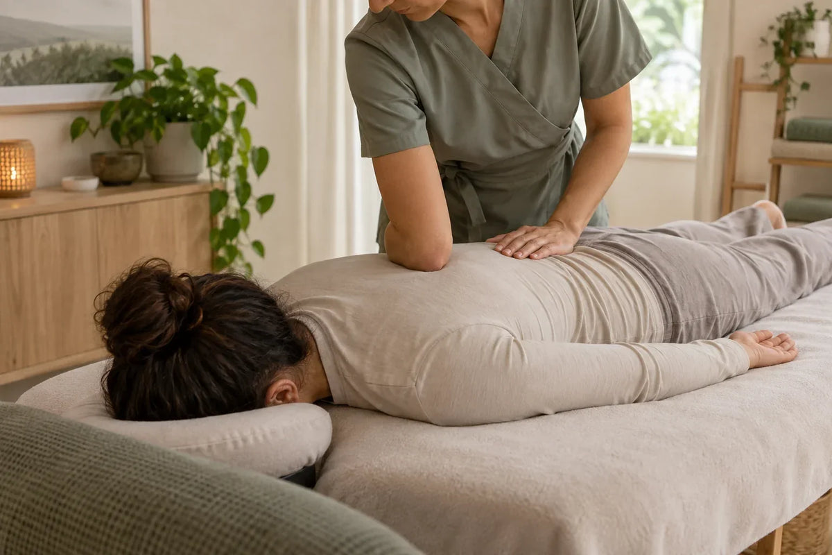 Massage Deep Tissue avec pression lente de l’avant-bras sur le haut du dos