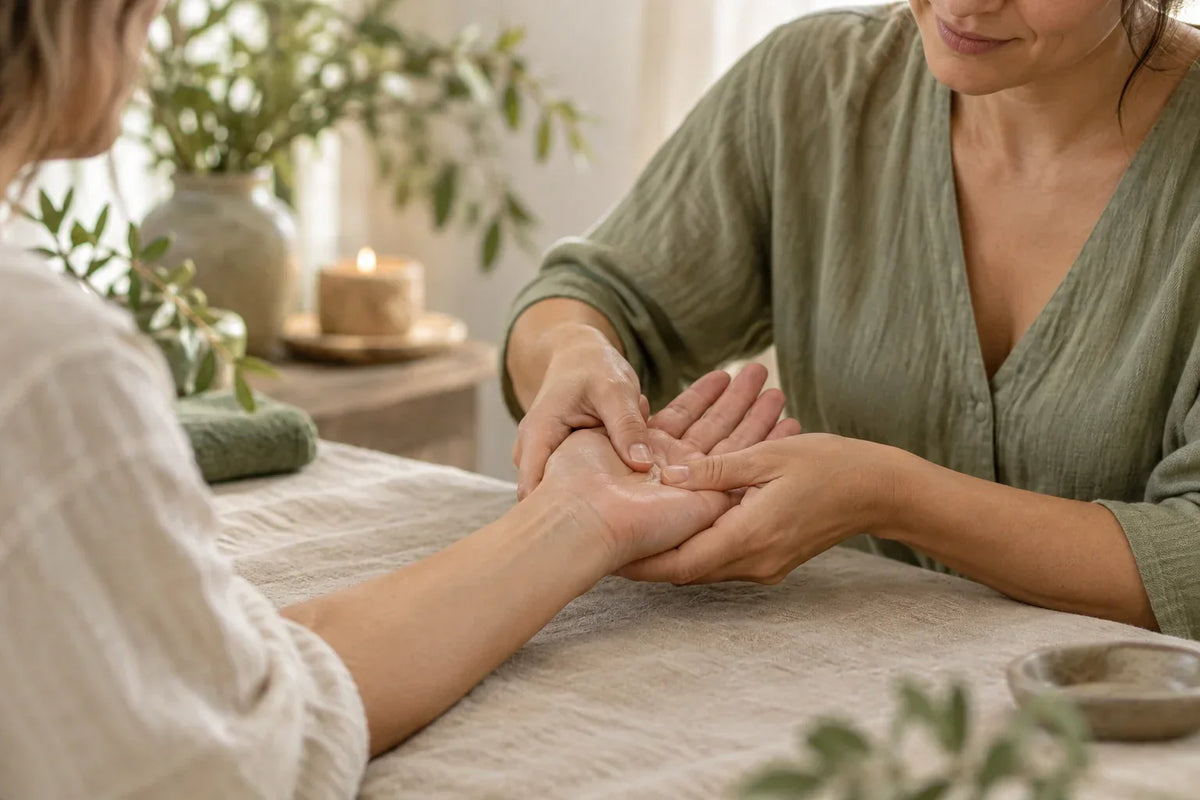 Massage doux de la paume des mains dans une ambiance bien-être