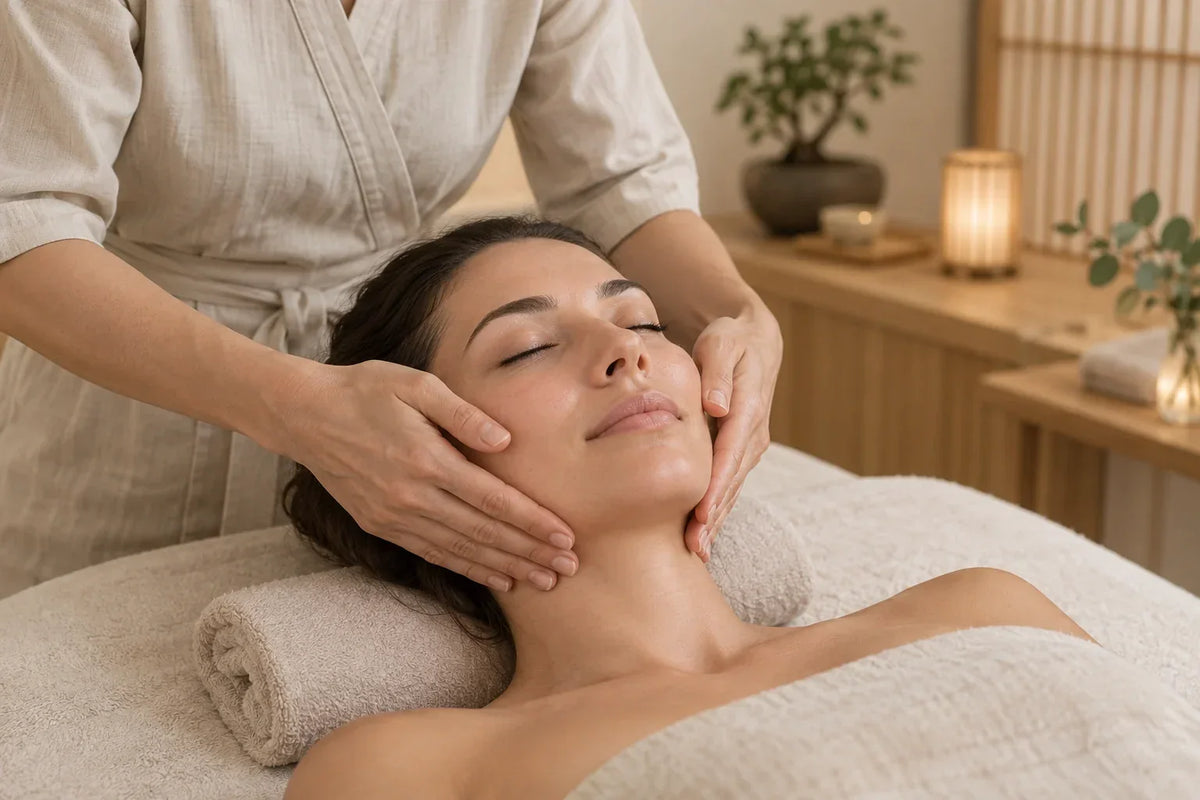 Massage Kobido du visage réalisé manuellement dans une cabine de soin