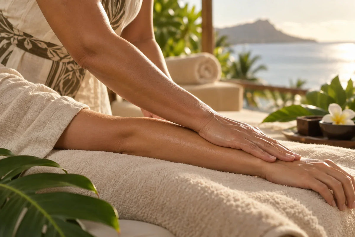 Massage Lomi-Lomi hawaïen : geste fluide sur l'avant-bras dans un spa