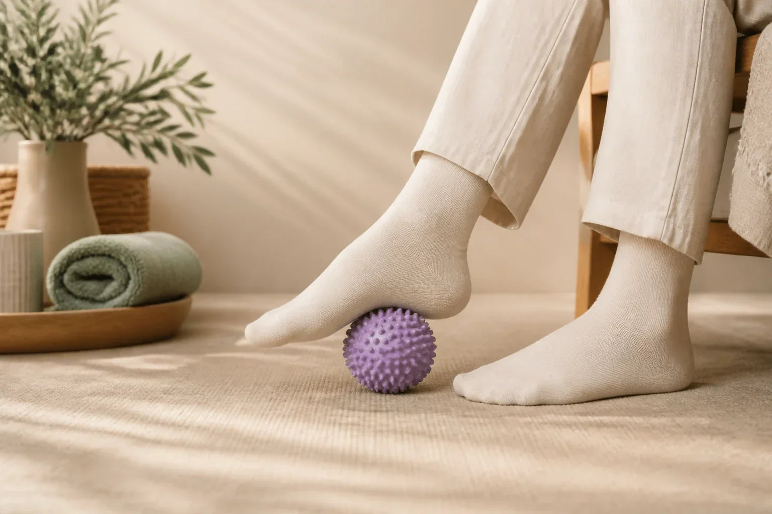 Massage des pieds avec une balle sous la voûte plantaire