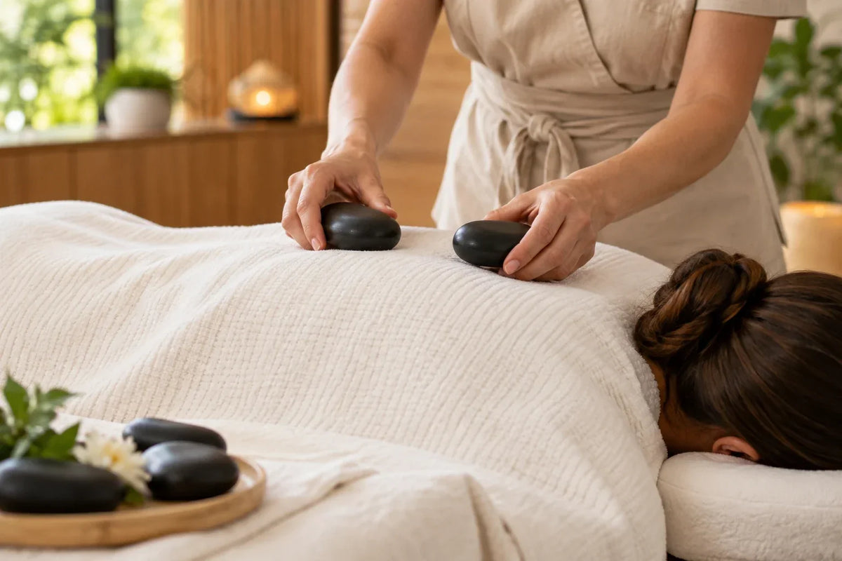Massage aux pierres chaudes avec galets de basalte sur un drap protecteur