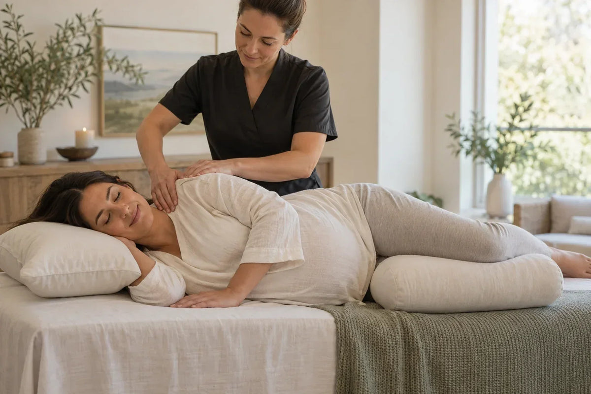 Massage prénatal doux en position latérale avec coussins de soutien