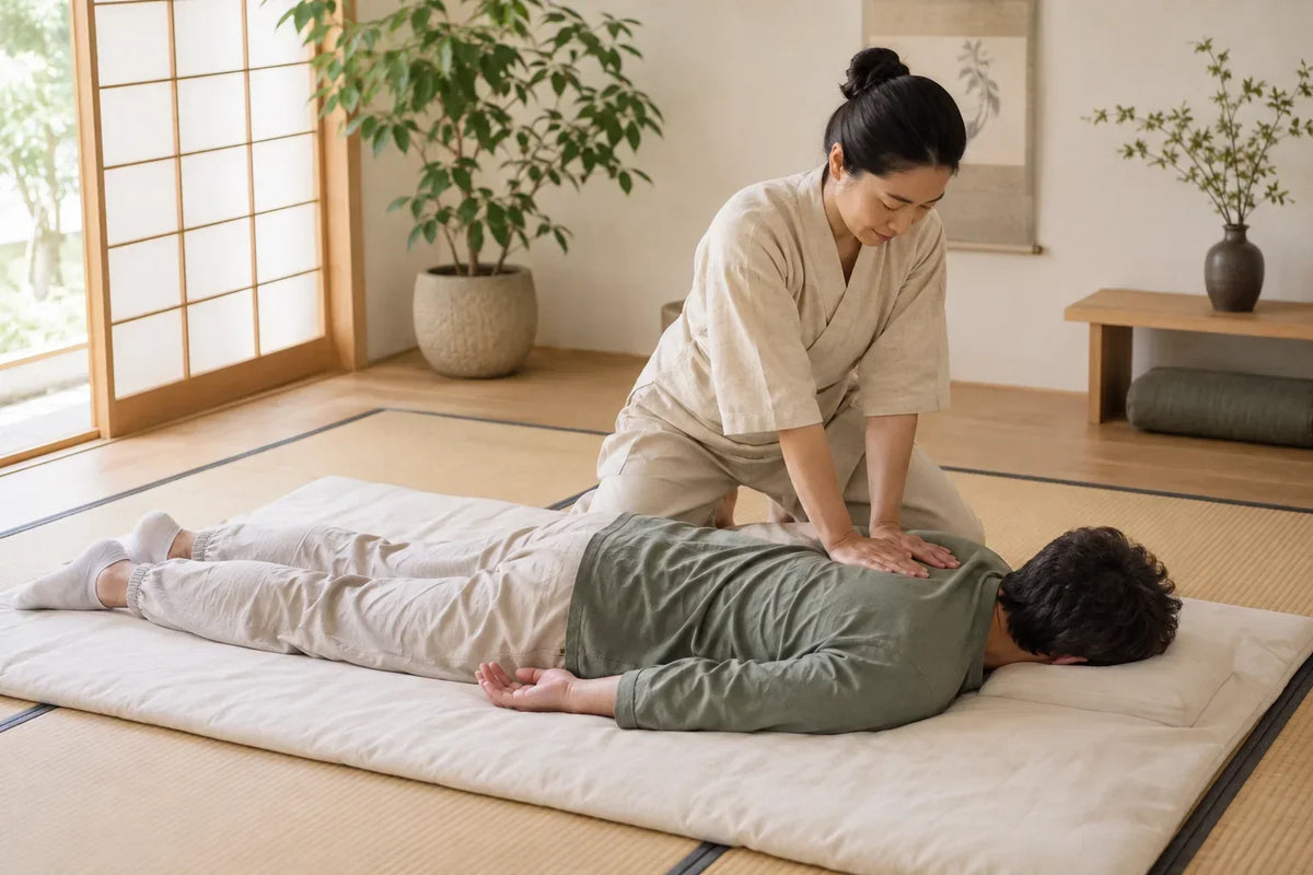 Séance de massage shiatsu traditionnel pratiquée habillé sur un futon