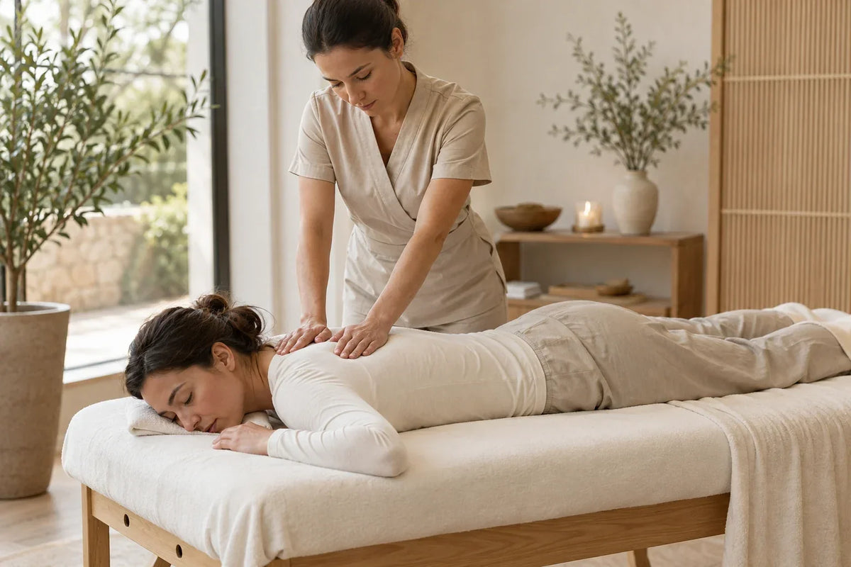 Séance professionnelle de massage suédois avec pression des paumes sur le haut du dos