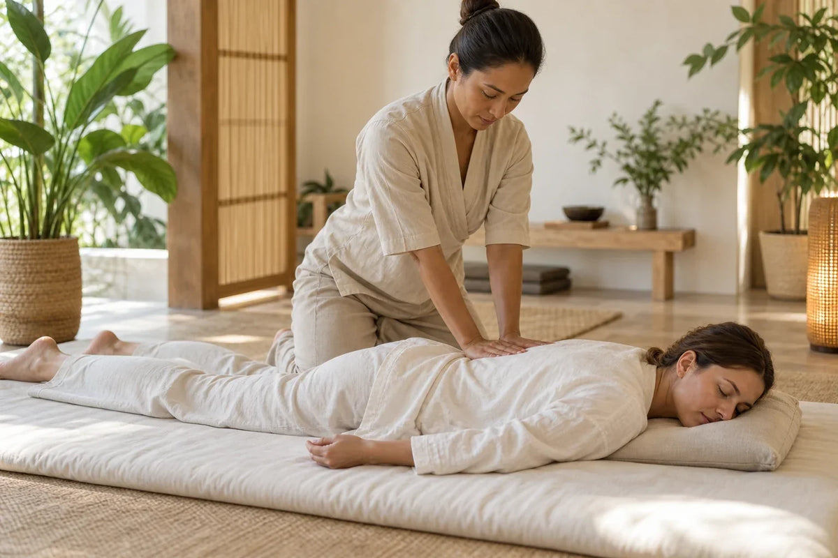 Séance de massage thaïlandais traditionnel avec pressions des paumes sur un futon