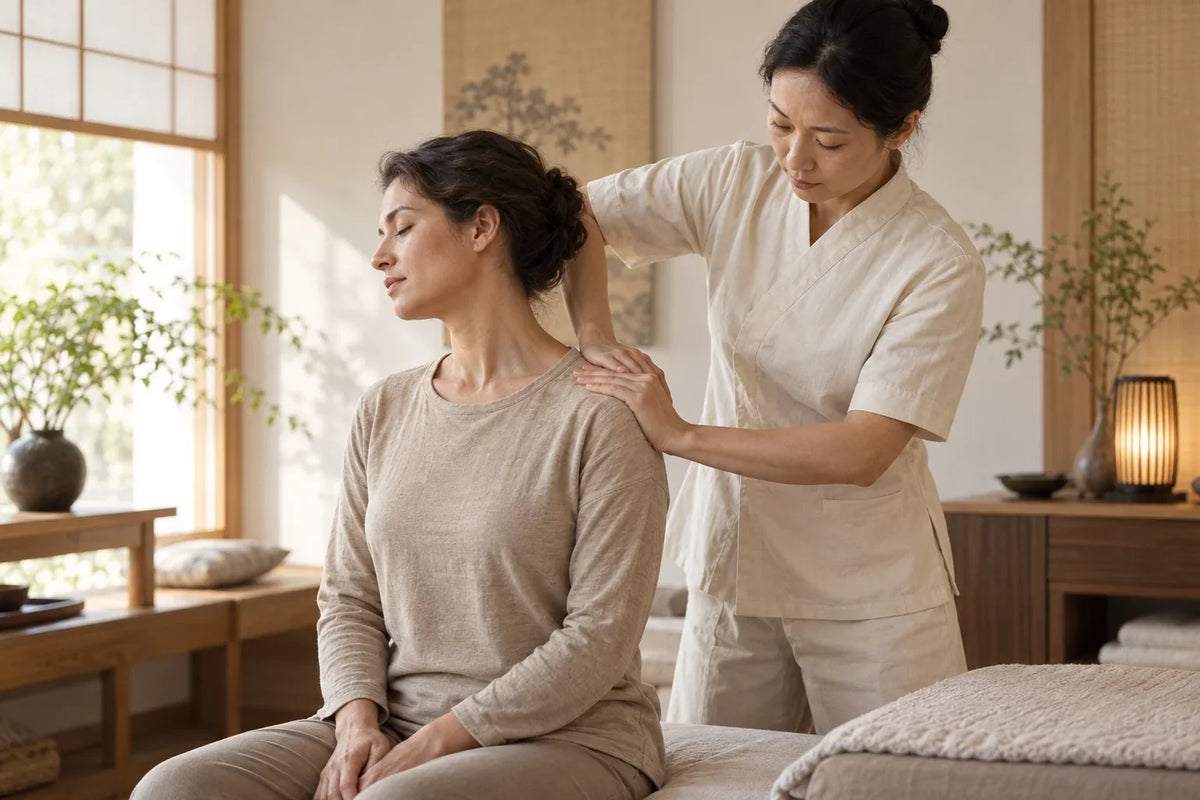 Massage Tuina chinois : pression manuelle sur l'épaule d'une personne assise