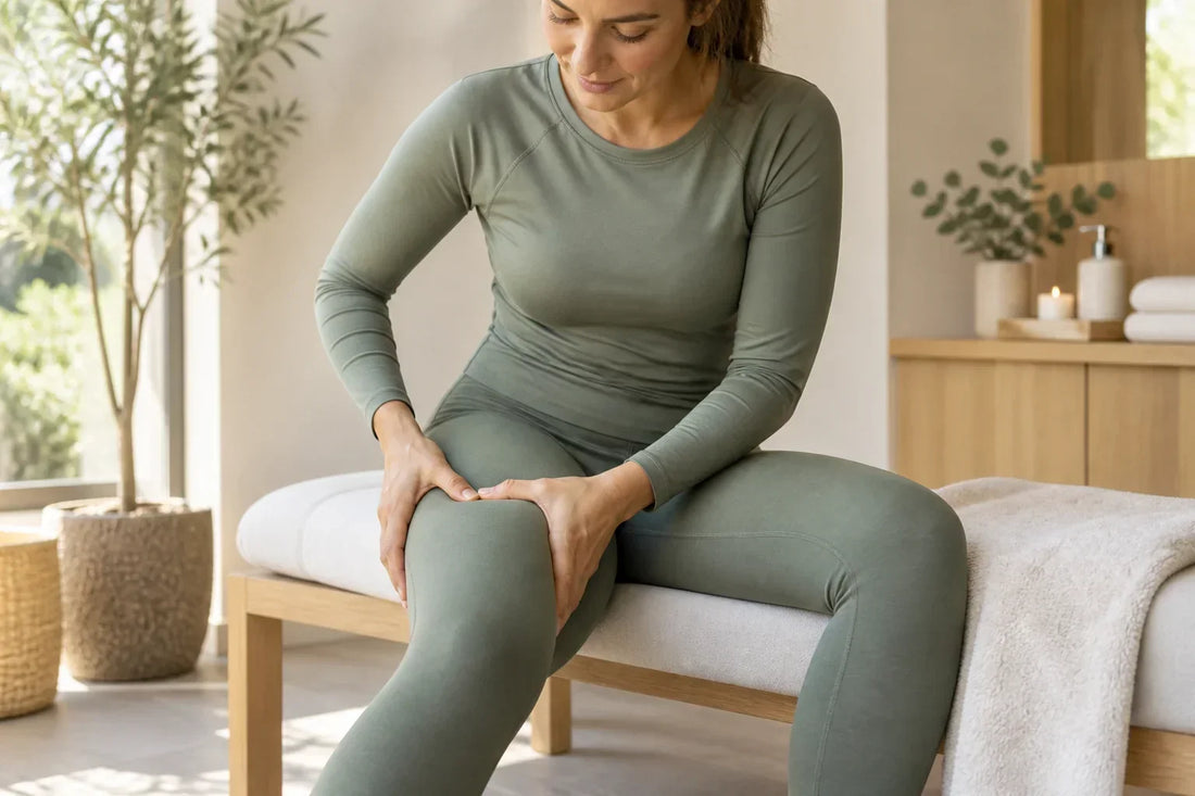 Palper-rouler manuel pratiqué doucement sur la cuisse à travers un legging