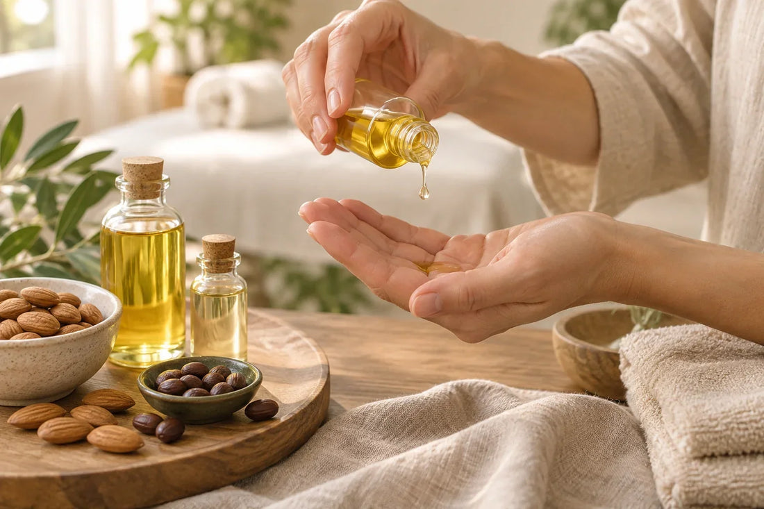 Quelques gouttes d'huile végétale versées dans la main avant un massage
