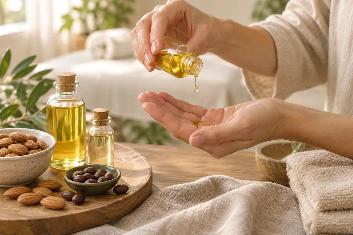 Quelques gouttes d'huile végétale versées dans la main avant un massage