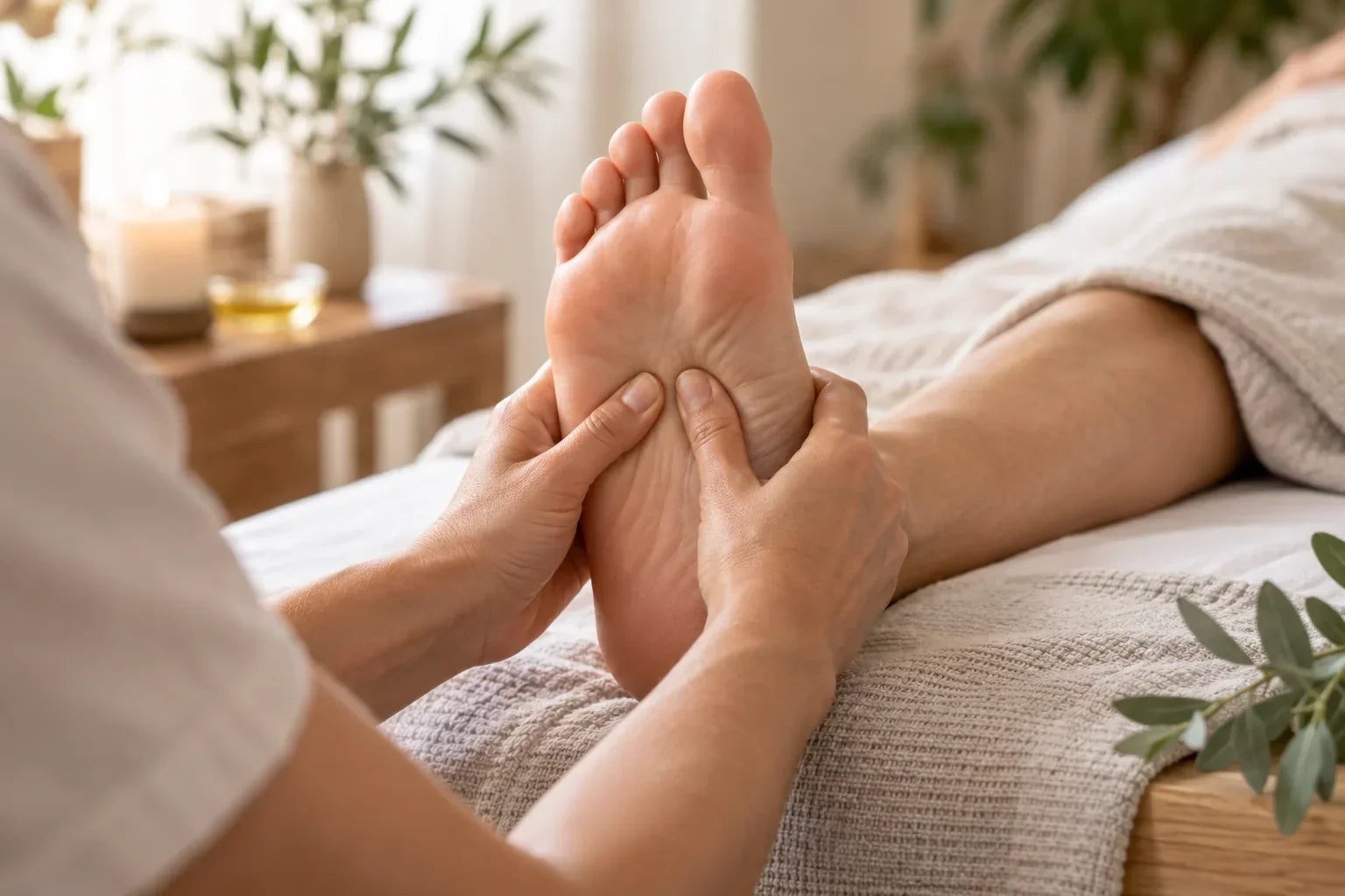 Séance douce de réflexologie plantaire avec pression des pouces sur la voûte du pied