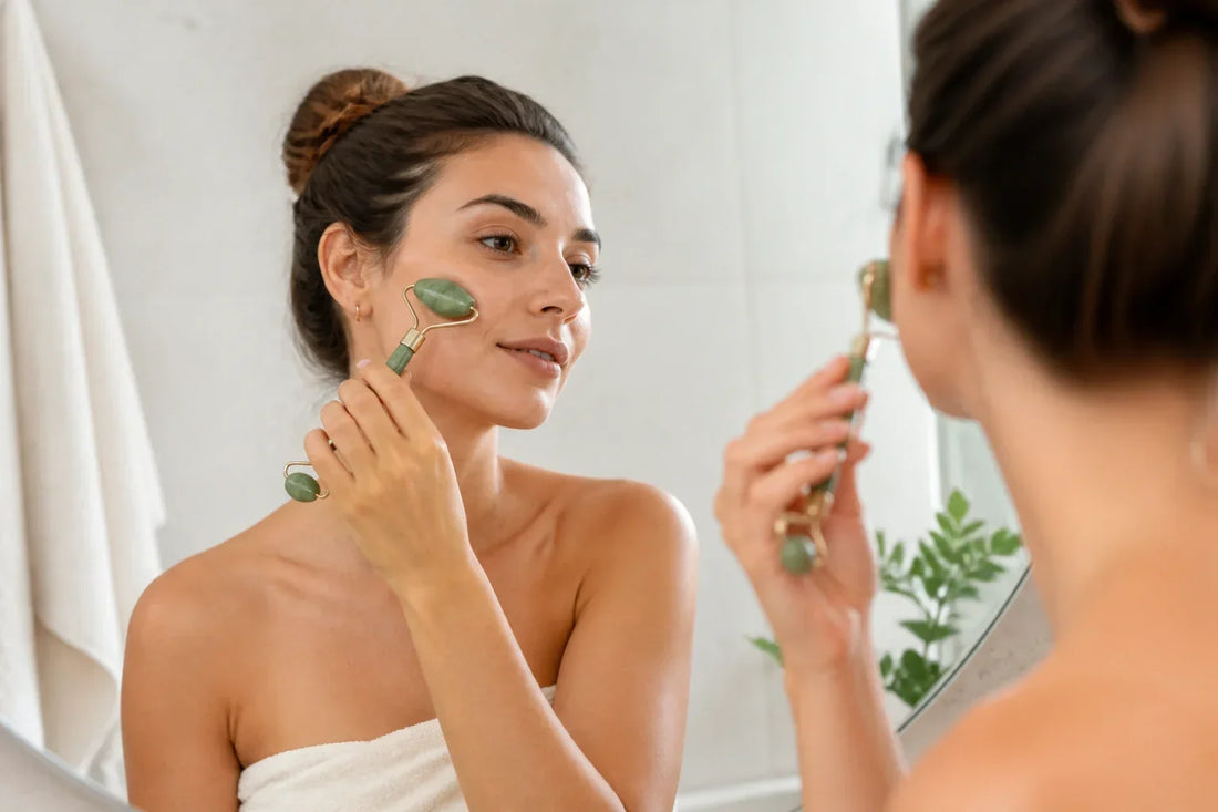 Femme utilisant un rouleau de jade sur sa joue pendant sa routine visage
