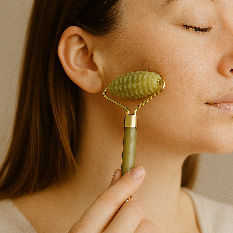 Utilisation d'un rouleau de jade pour un massage visage anti âge