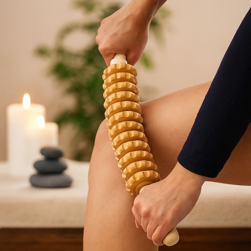 Massage Jambe avec un rouleau madérothérapie