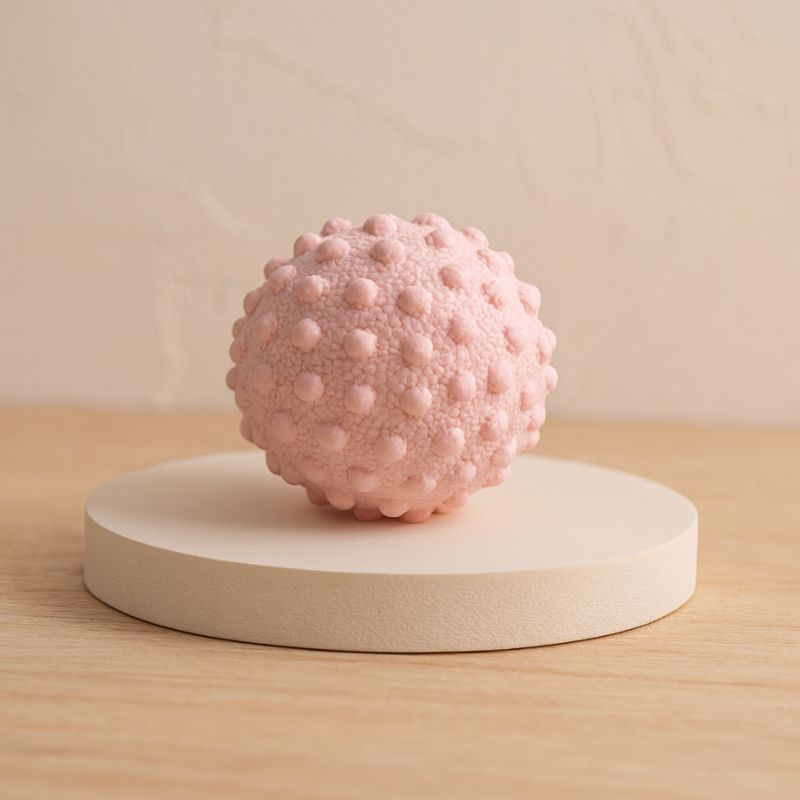Balle de massage pieds rose sur socle, texture à picots pour détente musculaire