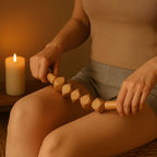 Utilisation du bâton de massage en bois sur les cuisses pour stimuler le drainage lymphatique