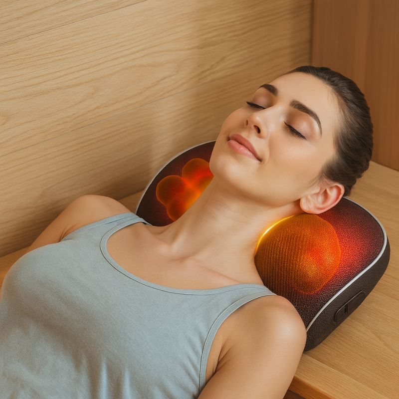 Coussin de massage chauffant pour les cervicales avec fonction chaleur en utilisation