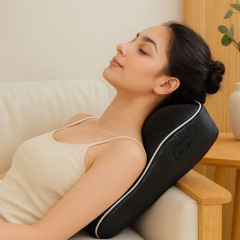 Personne utilisant un coussin de massage pour la nuque et les cervicales sur un canapé