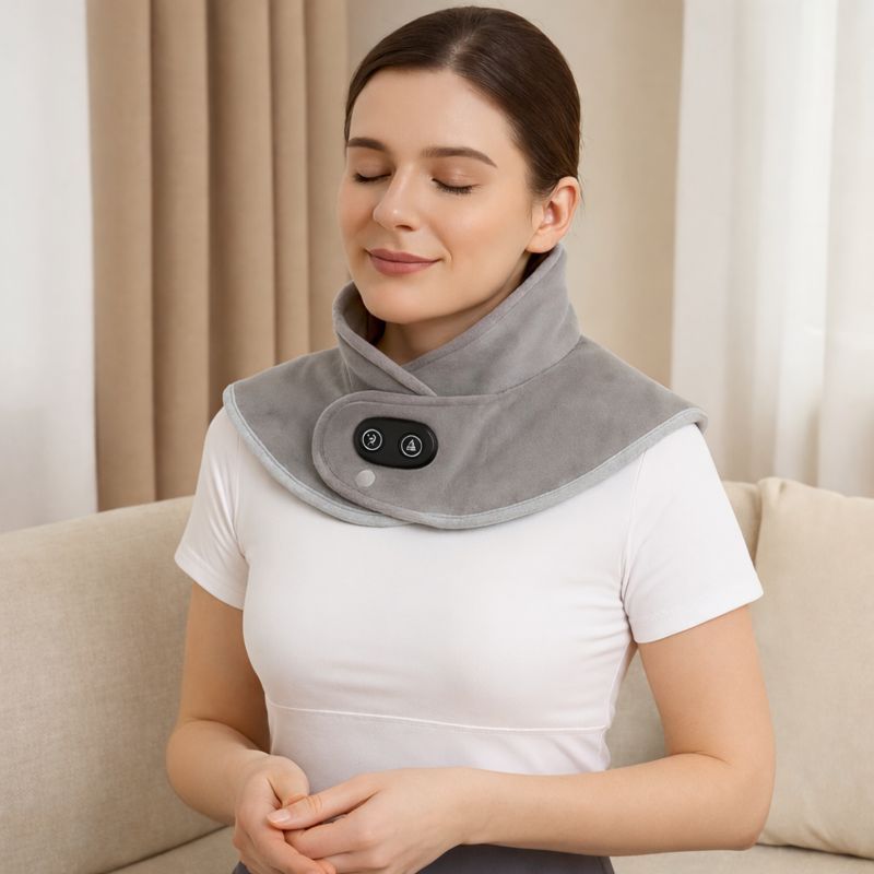 Coussin massant chauffant porté sur la nuque, position assise confortable et posture naturelle