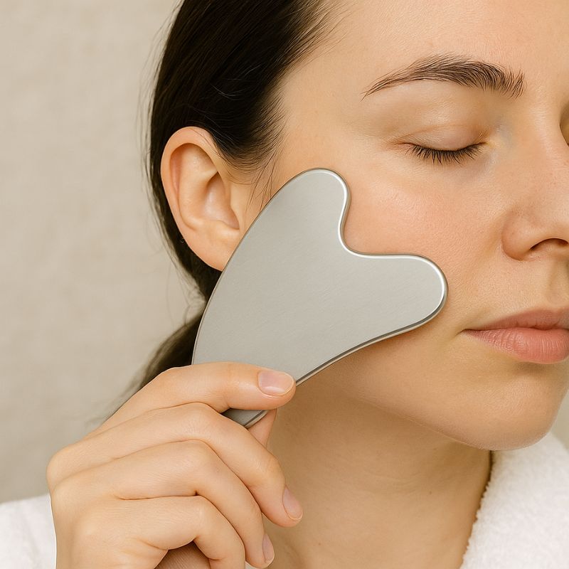 Femme utilisant un Gua Sha en acier inoxydable sur la joue