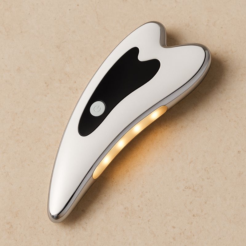 Gua Sha électrique avec lumière orange sur une surface pierre, effet chauffant
