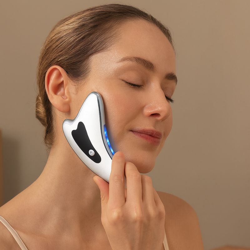 Femme utilisant un Gua Sha électrique sur sa joue pour un massage raffermissant