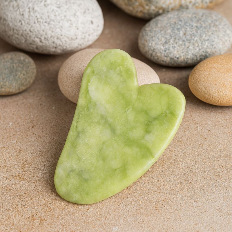 Gua Sha en jade vert sur des galets dans une ambiance zen et spa