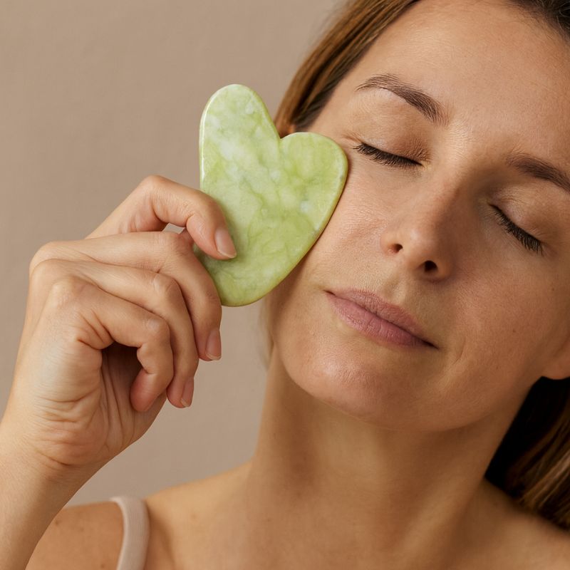 Massage sous les yeux avec une pierre Gua Sha Jade, rituel beauté apaisant