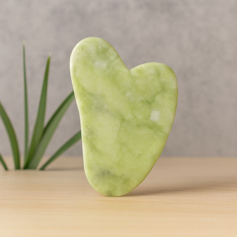 Gua Sha Jade posé verticalement dans un décor naturel avec plante