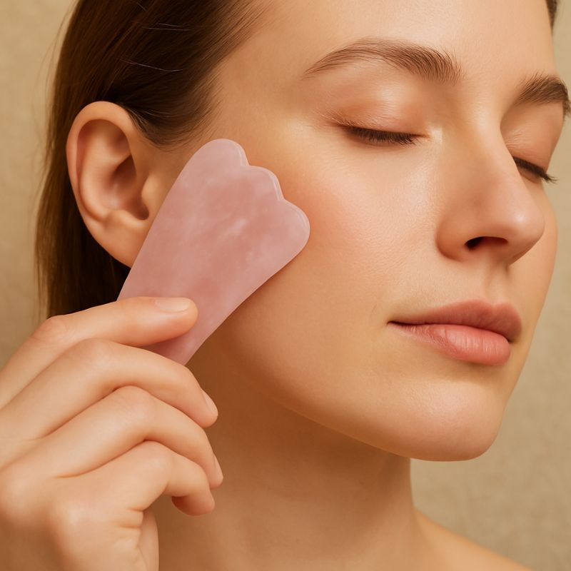 Femme utilisant un Gua Sha Quartz Rose pour massage du visage