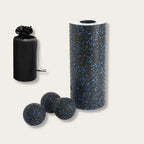Kit massage dos complet avec rouleau, boules et sac de transport en noir et bleu
