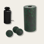 Rouleau et boules de massage noir et vert avec sac de rangement