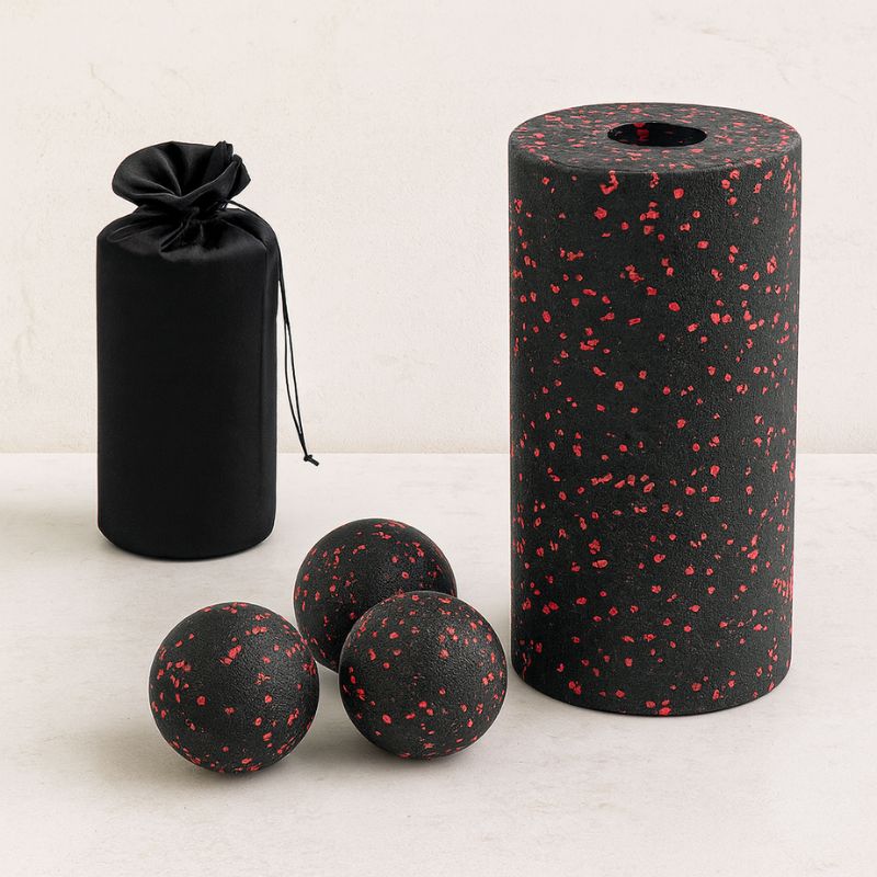 Ensemble massage dos noir et rouge avec rouleau, double boule et balle simple