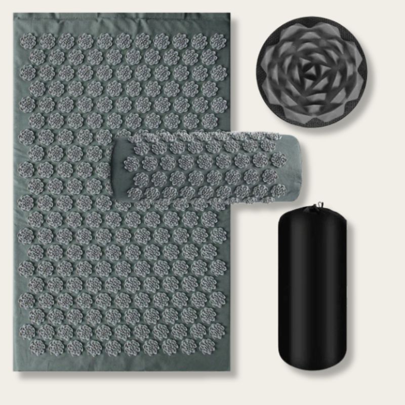 Kit tapis d'acupression fleurs gris avec coussin, sac de transport