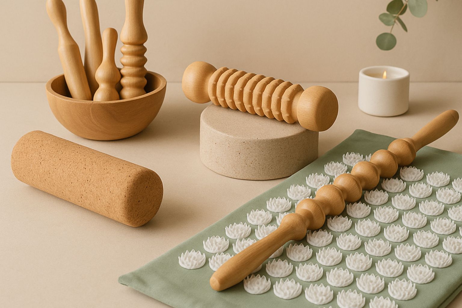 Outils de massage bien-être Ritualisia avec rouleaux en bois, tapis d’acupression et ambiance apaisante