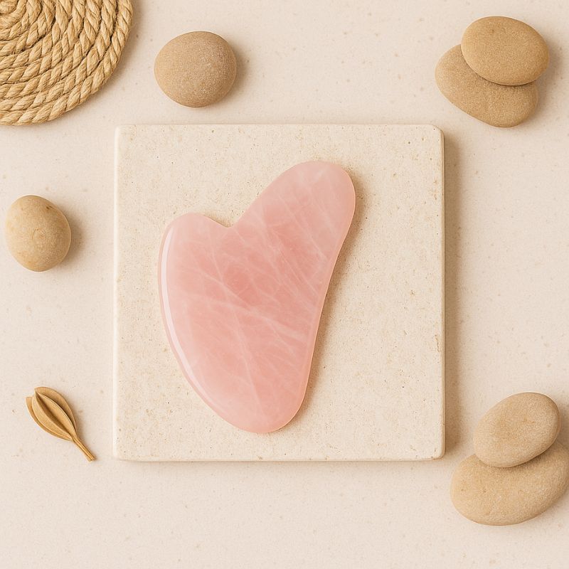 Pierre Gua Sha Visage en quartz rose sur fond zen avec galets