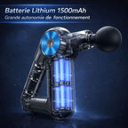 Pistolet de massage compact avec batterie lithium 1500 mAh offrant une grande autonomie de fonctionnement.